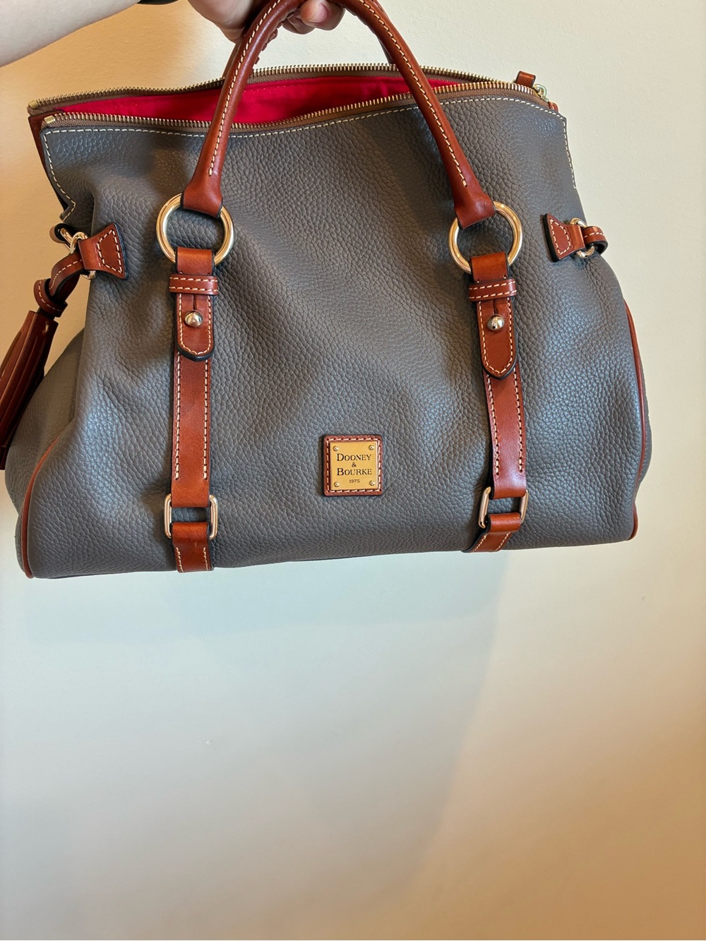 Dooney & Bourke Large Pebbled Leather Grain Satchel in Taupe with Brown Trim
